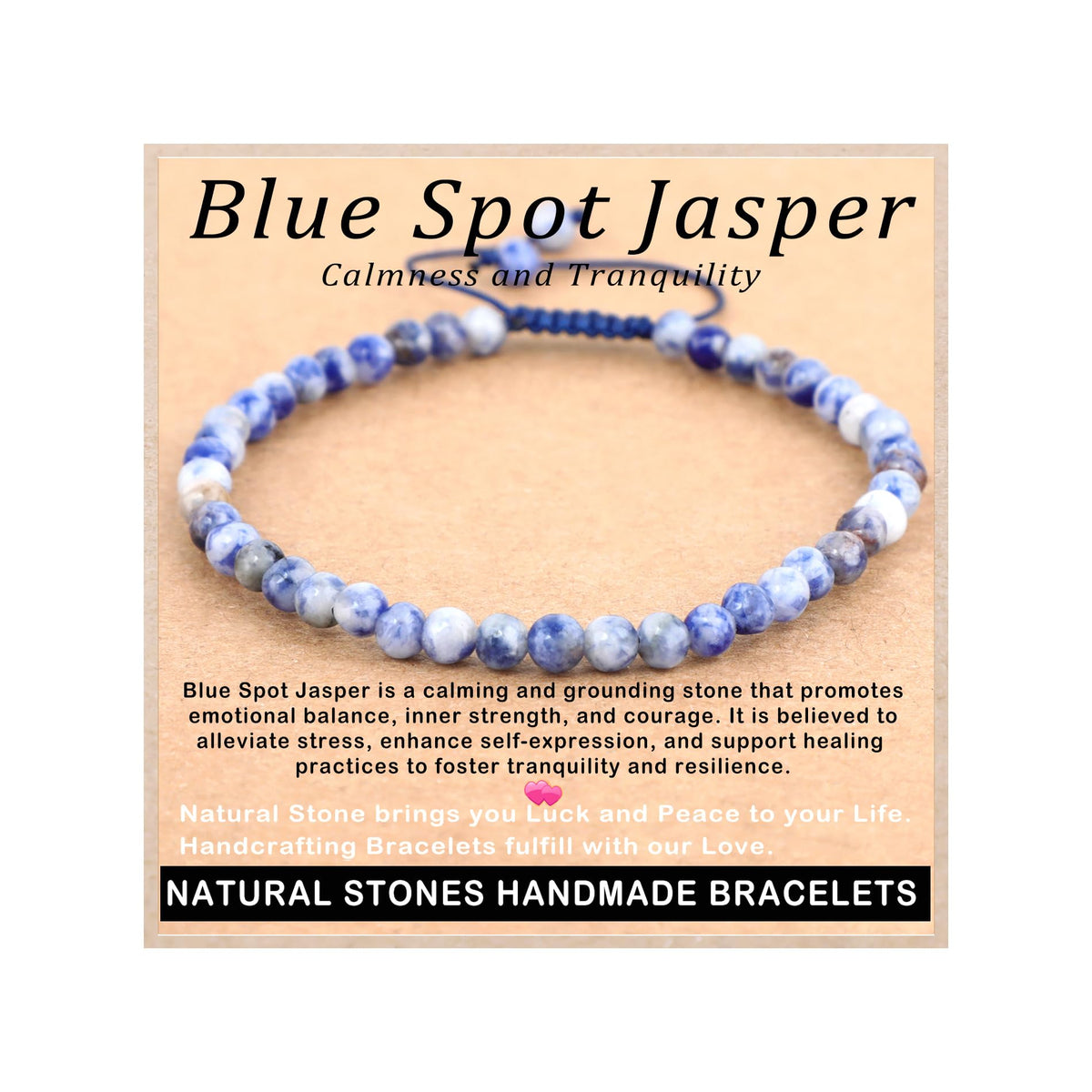 AD Beads 4mm Blue Spot Jasper - Calmness and Tranquility - Handmade Natural Stone Crystal Bracelet with Adjustable Macrame String - Yoga Healing Power Energy Gifts for Men and Women