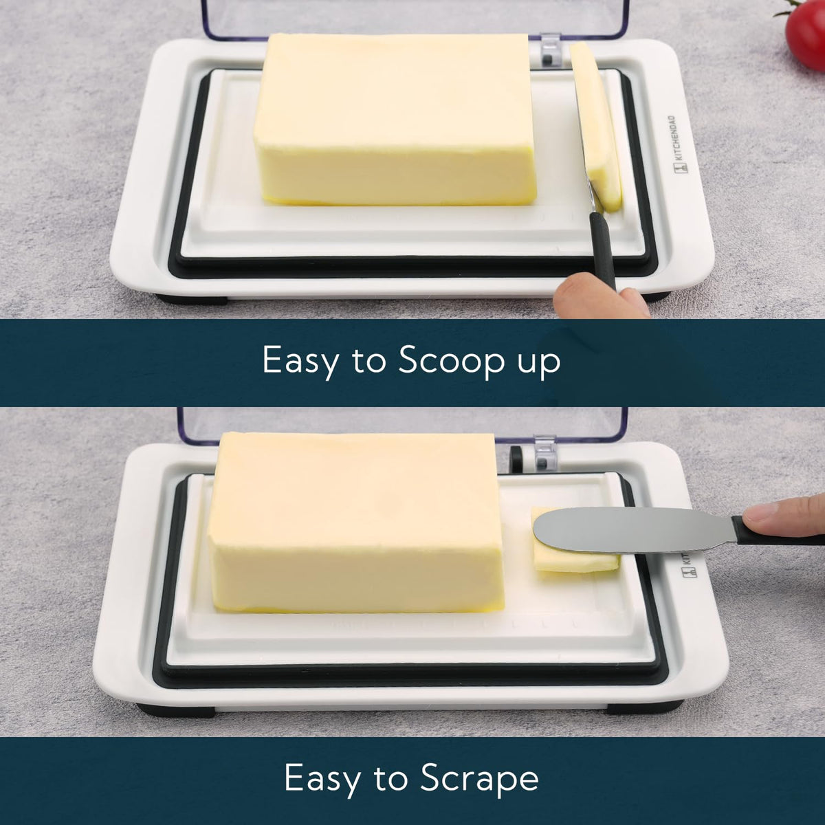 KITCHENDAO Airtight Flip-Top Butter Dish with Lid for Countertop and Refrigerator, Butter Keeper, Plastic Butter Holder Tray for 2 Sticks East Coast/West Coast/European Style/ Kerrygold Butter