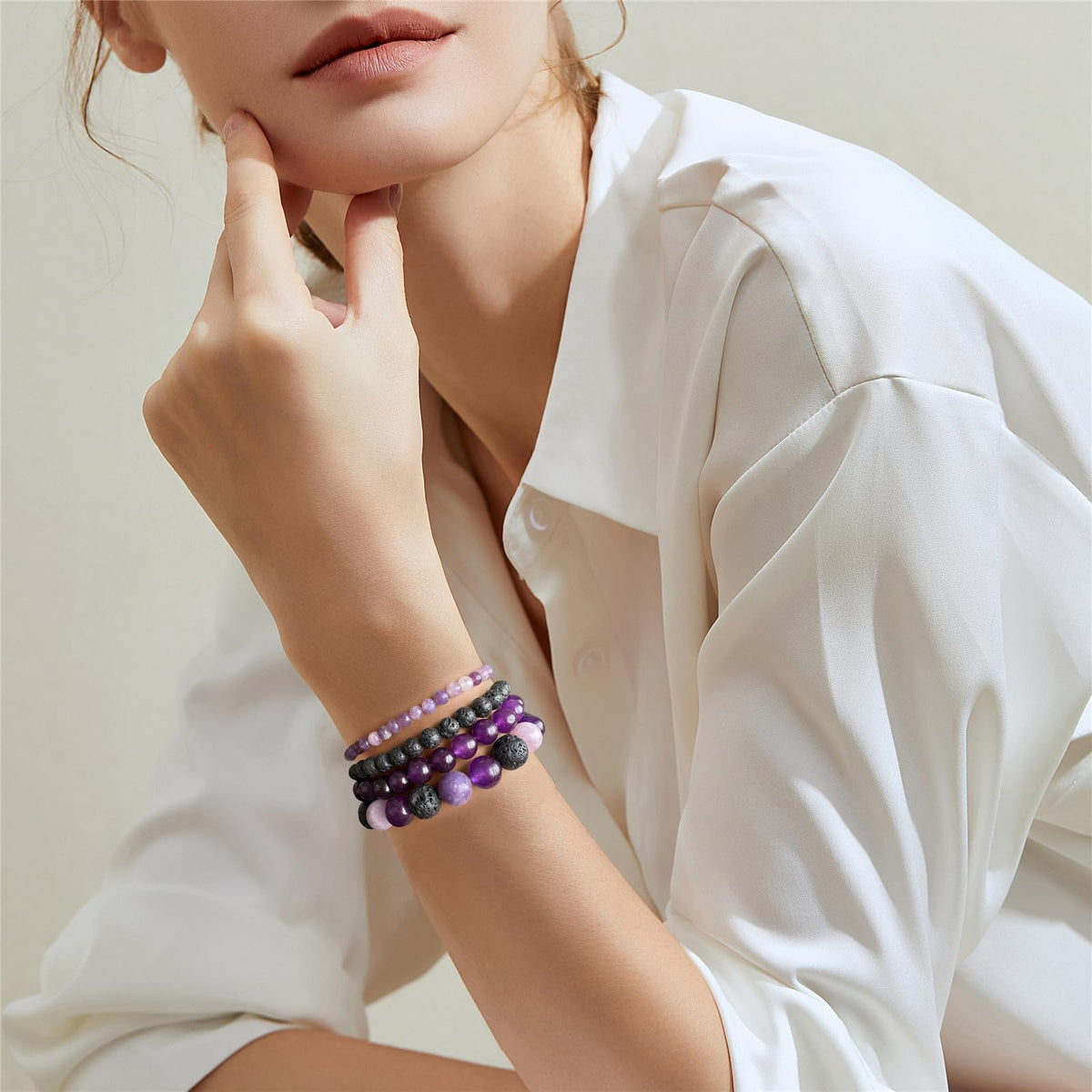 Vinswet 4pcs Natural Stone Beaded Bracelets for Women Men,Healing Crystal Gemstones Stretch purple Bracelet,4mm 6mm 8mm 10mm Amethyst Lava Rock Lepidolite Anxiety Stress Relief Bracelet Jewelry Gifts