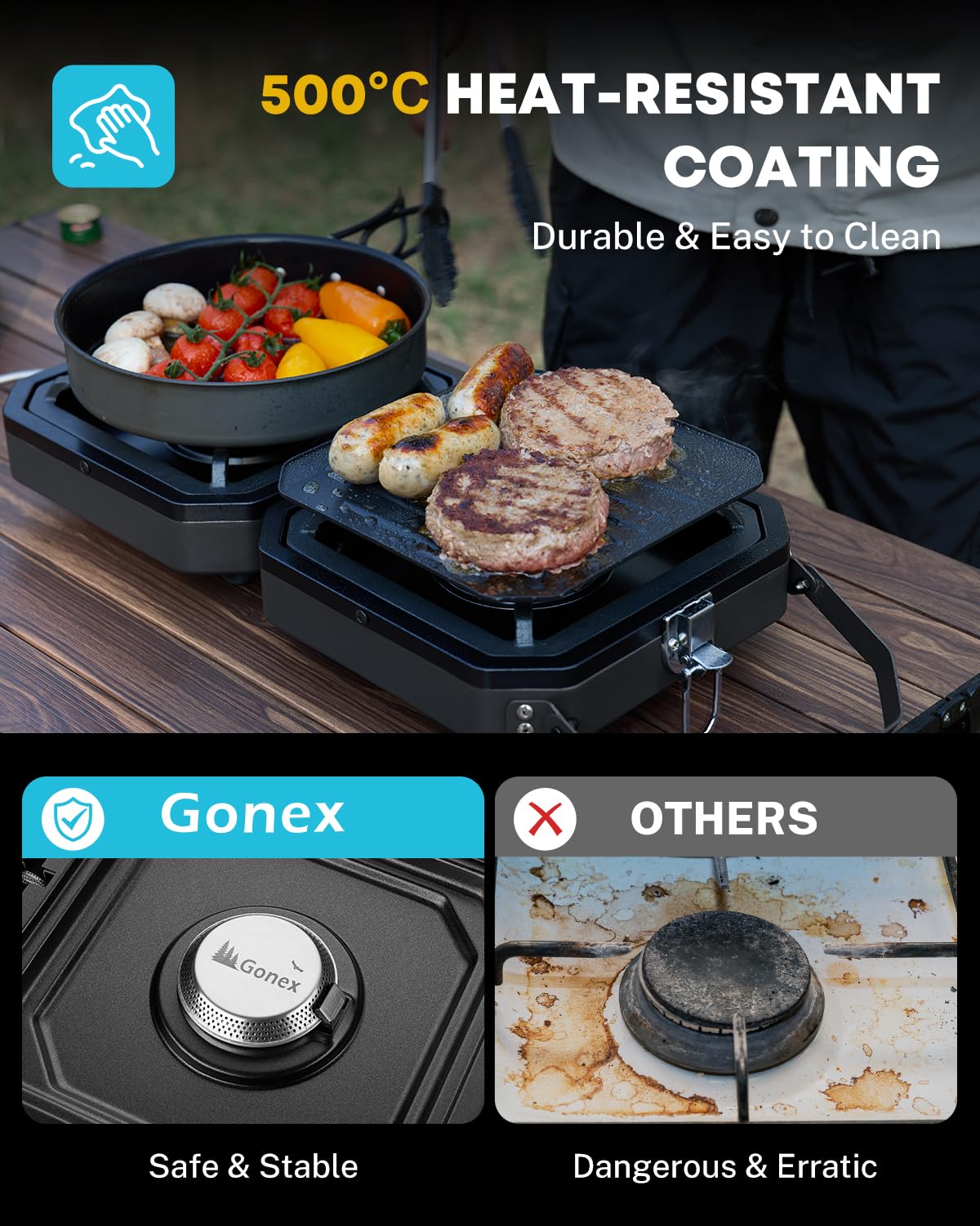 Gonex 2 Burner Propane Camping Stove with Griddle & Grates, Portable Foldable Cooking Stove with Total 16,000 BTU, Two Piezo Ignition Adjustable Burners for Camping, Patio, Emergency, Hiking (Black)