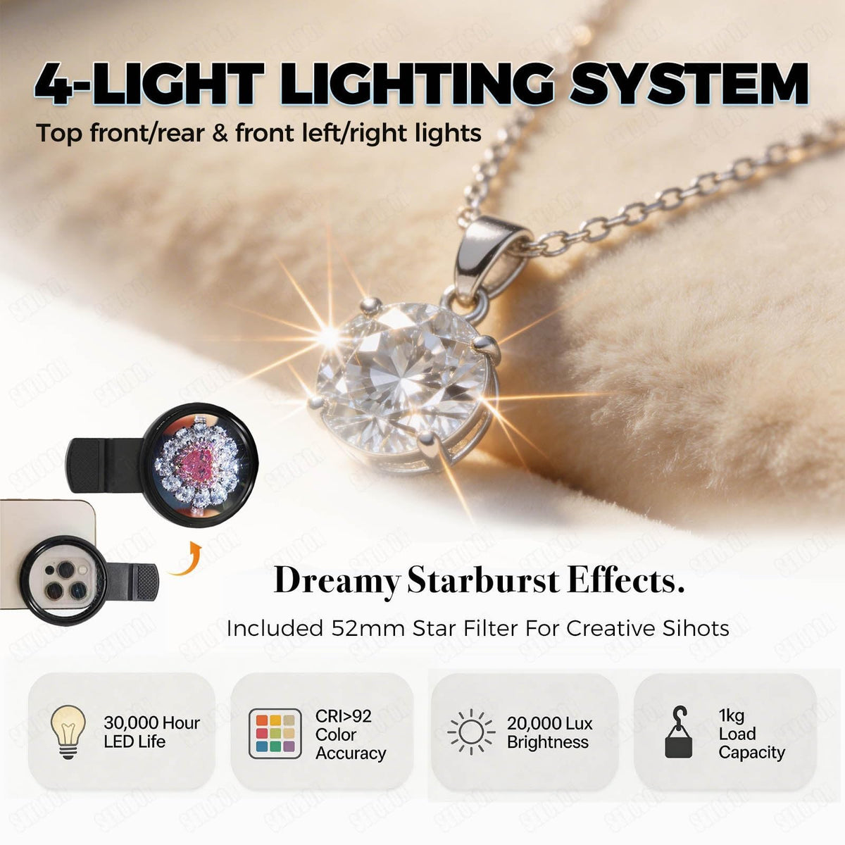 Professional Jewelry Photography Light Box Kit with 360°Dimmable Rotating Turntable, Gold Silver Softbox Photo Studio, Stunning Images, Support Jewelry Hanging or Placing, CRI>92%(Tv30)