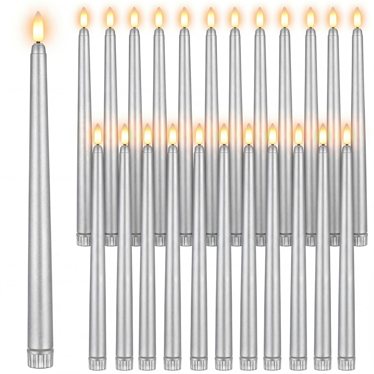 Macarrie 24 Packs Flameless Taper Candles Battery Operated Fake 11 Inch Long Candlelight LED Flameless Candlesticks Flickering Tapered for Spring Summer Wedding(Silver)