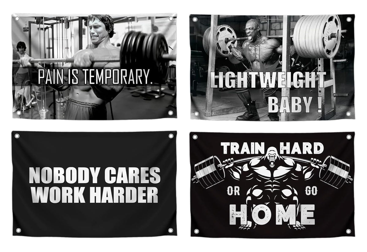 Set of 4 Motivation Gym 3x5 Polyester Flags with Four Brass Grommets - Inspire Your Workout with Single Sided Banner - Home Gym Decor for Room Guys and Man - Stay Motivated with Cool Motivation Art