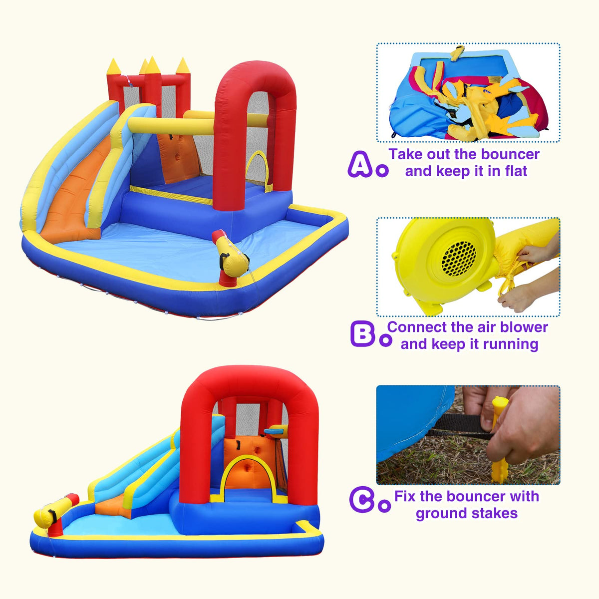 JOYLDIAS Inflatable Water Slide Bounce House,Slide Bouncer Castle Playhouse w/Splash Pool,Jump Area, Climbing Wall,Basketball Hoop,450W Air Blower for Kids Backyard Indoor Outdoor Use,Free Water Gun