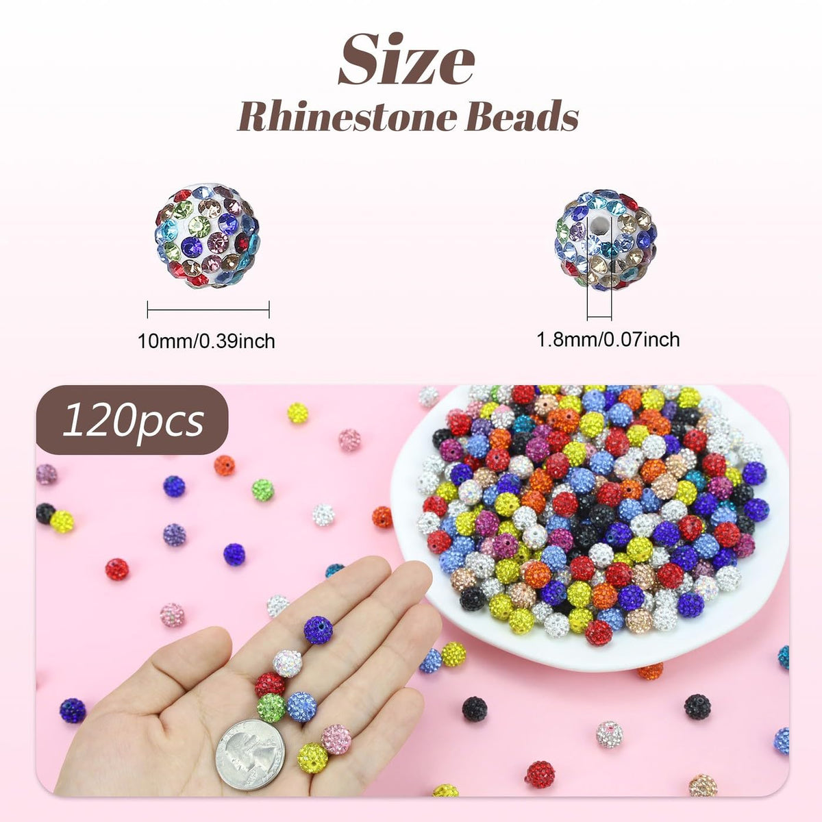 LAIDANLA 120pcs 10mm White Mixed Rhinestone Beads Baseball Beads for Crafting, Shiny Round Shamballa Disco Beads, Sparkle Crystal Clay Bead Bulk for Bracelet Necklace Making