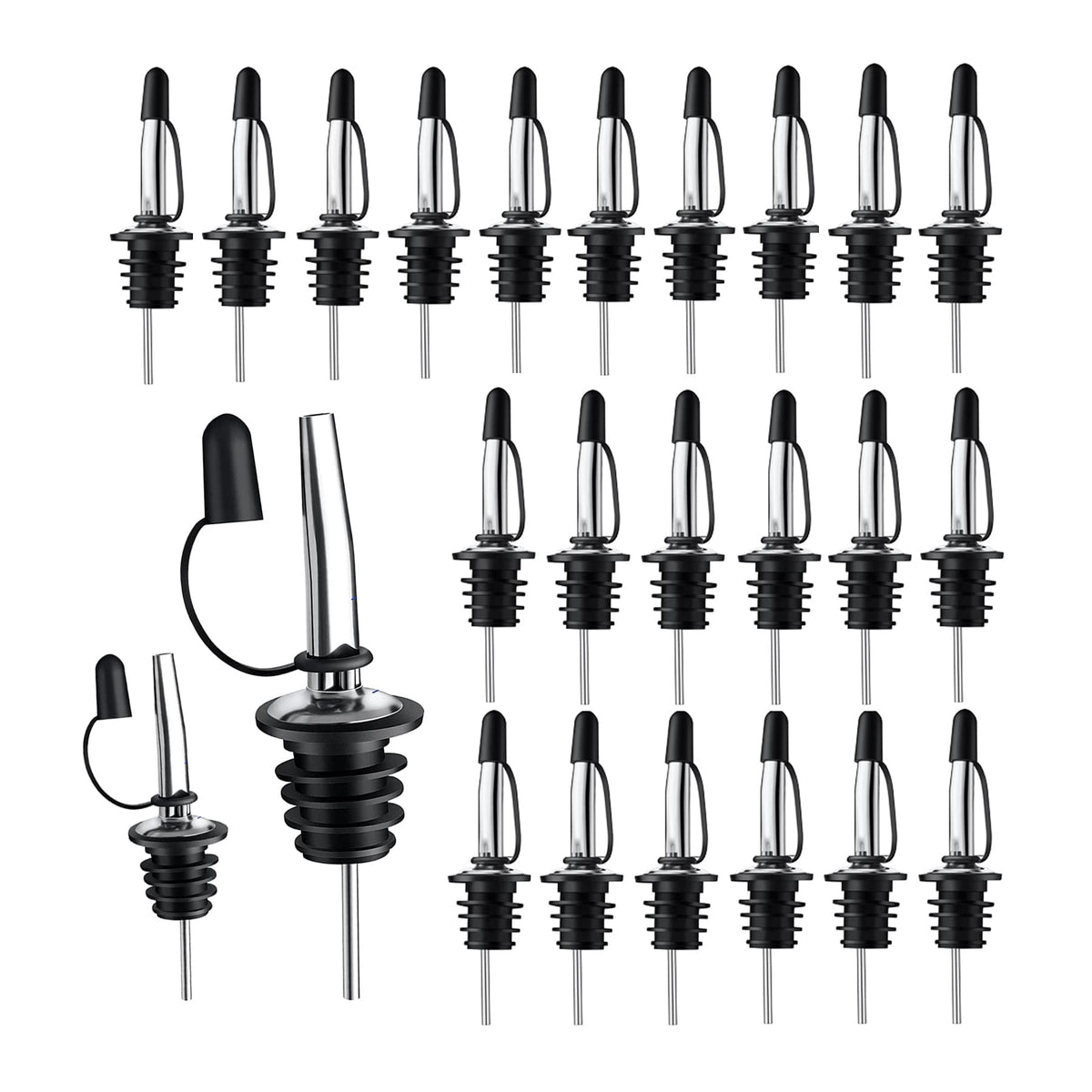 Pafusen 24 Pack Stainless Steel Speed Pourers Spouts with Tapered, Liquor Pourers with Rubber Cap, Hygienic, Dishwasher Safe, Fits most Classic Bottle's Lip up to 3/4"