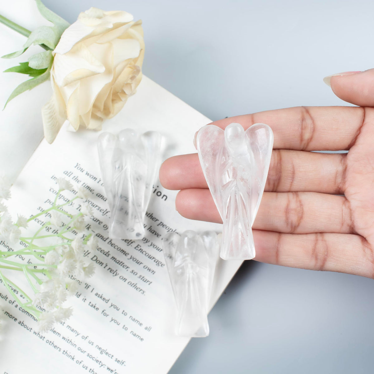 "Clear Quartz Gemstone Pocket Angel Healing Figurine, Hand Carved Guardian Angel - Crystals for Positive Energy, Handmade Mini Statue for Love, Peace & Healing, Natural Gemstone Healing Figurine"