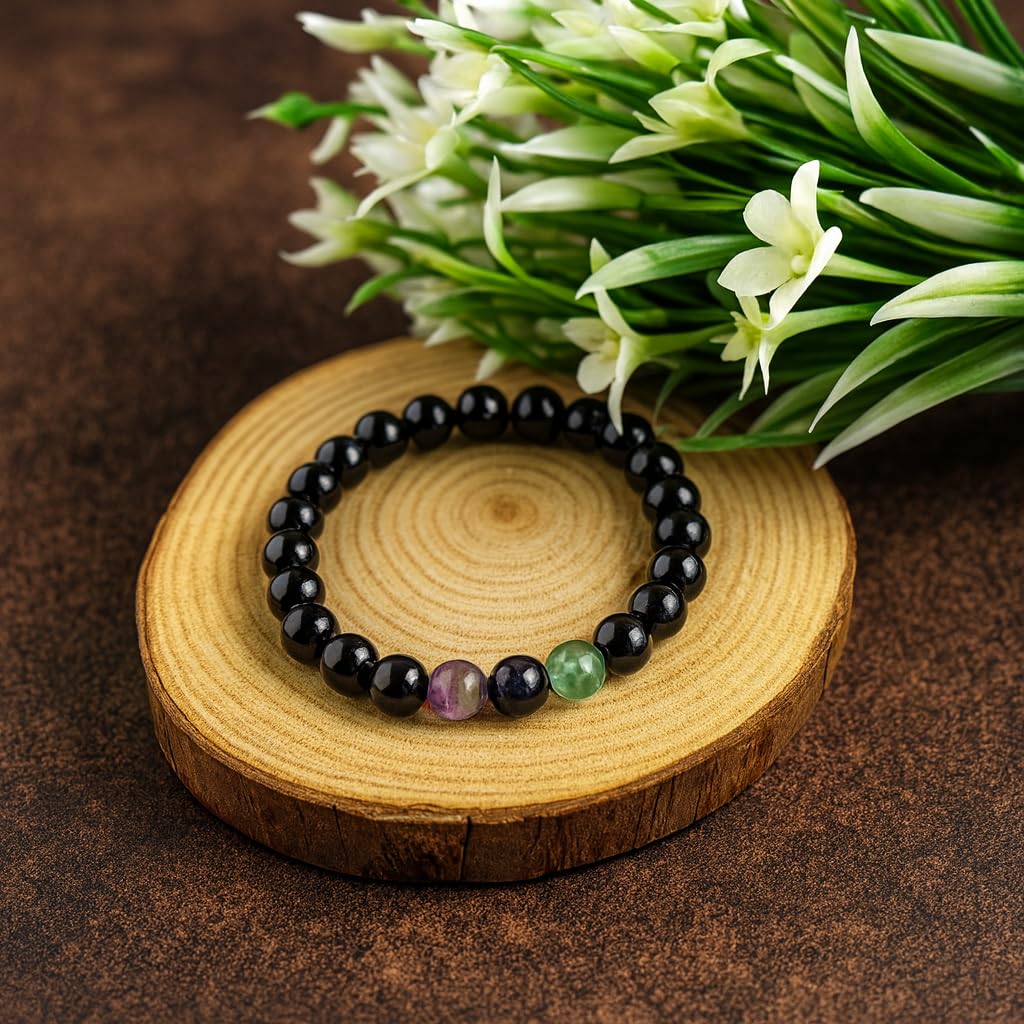 PRECIOUS PEBBLE Obsidian, Tourmaline & Fluorite Bracelets, Natural 8mm Crystal Beads, Handmade Stretch Bracelet for Men & Women – Symbolic Gift Accessory for Balance & Grounded Style