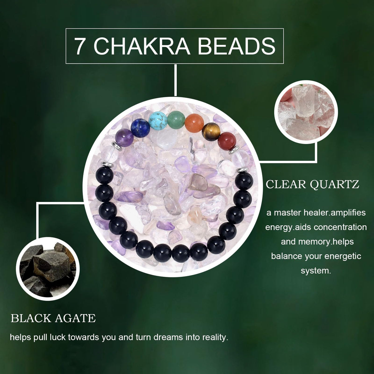 Ayriwoyi 7 Chakra Bracelet For Women Healing Crystal Black Agate Beaded Stone Bracelet 6.5 inch Anxiety Bracelets for women Crystals and Healing stones
