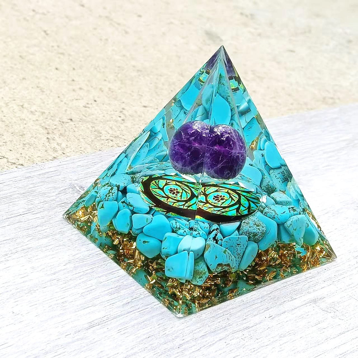 ycyingcheng Moonstone Crystal Orgone Pyramid Ogan Crystal Energy Tower, Nature Reiki Chakra Crushed Stone Jewelry, Crystal Pyramid for Home Decor (Turquoise+Amethyst Ball)