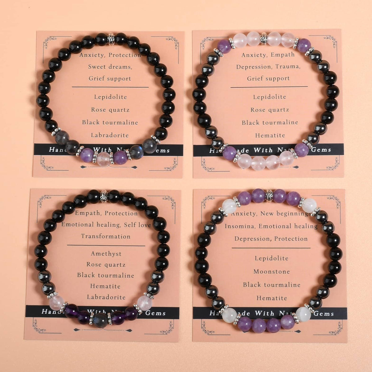 Gracayfr Anxiety Relief Bracelet New Beginnings Gifts Lepidolite Black Tourmaline Hematite Moonstone Emotional Healing Crystal Protection Items Jewelry For Women Lepi Moon