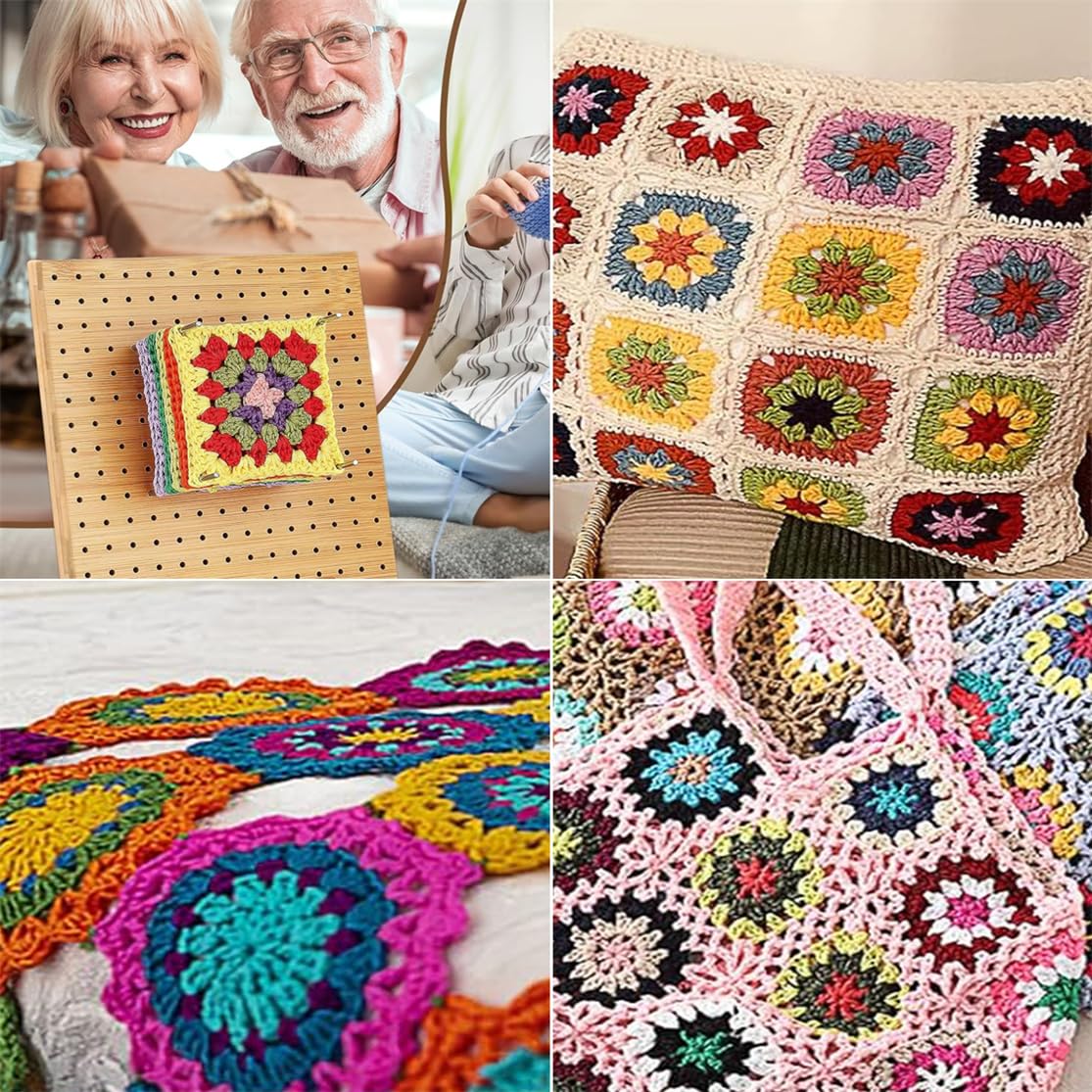 Crochet Blocking Board Handcrafted Knitting Blocking Mat with 20 Stainless Steel Rod Pins Bamboo Crocheting Accessories for Granny Squares Crocheters 7.87 Inches