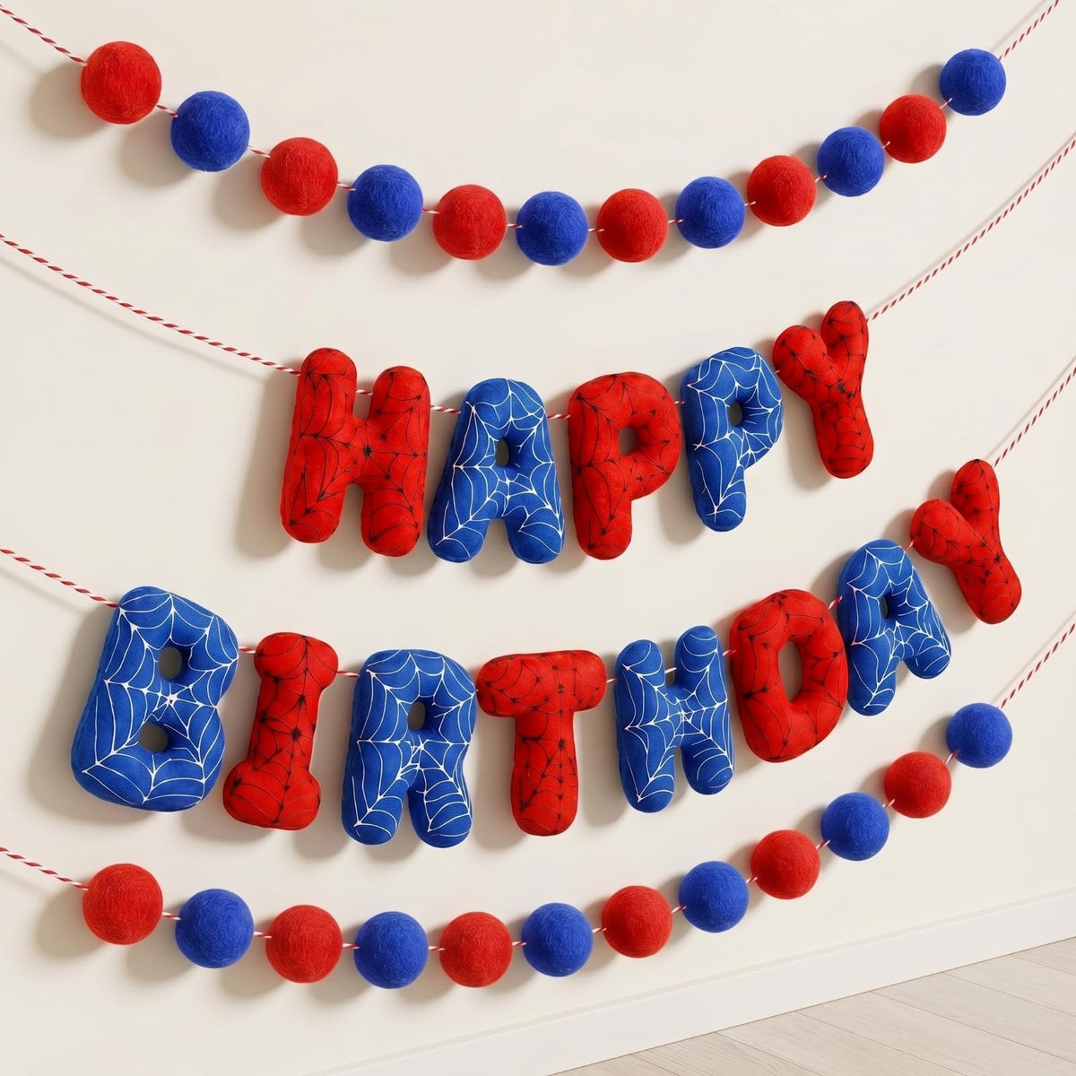 Pre-strung 3D Spider Happy Birthday Banner with Pom Pom Garland Reusable Spider Web Felt Sign for Cartoon Birthday Decorations Movie Hanging Bunting Party Supplies Photo Prop