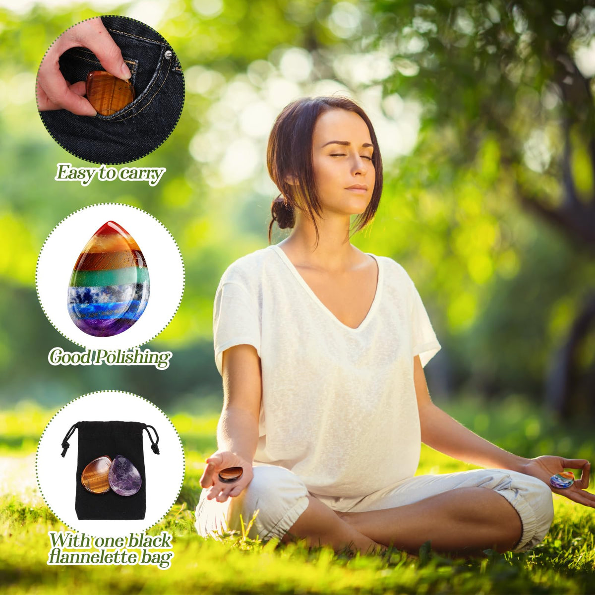 Roowest 4 Pcs Thumb Worry Stone for Anxiety Natural Crystal Healing Stone Chakras Amethyst Tiger Eye Quartz Pocket Hug Gift for Office Stress Meditation(Chromashift,Teardrop)