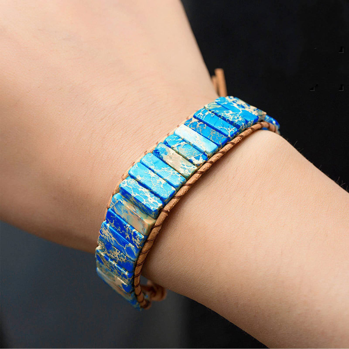 KunBead Blue Chakra Imperial Jasper Bracelets for Women Healing Crystal Natural Stone Bead Leather Wrap Handmade Rope Adjustable Bracelets