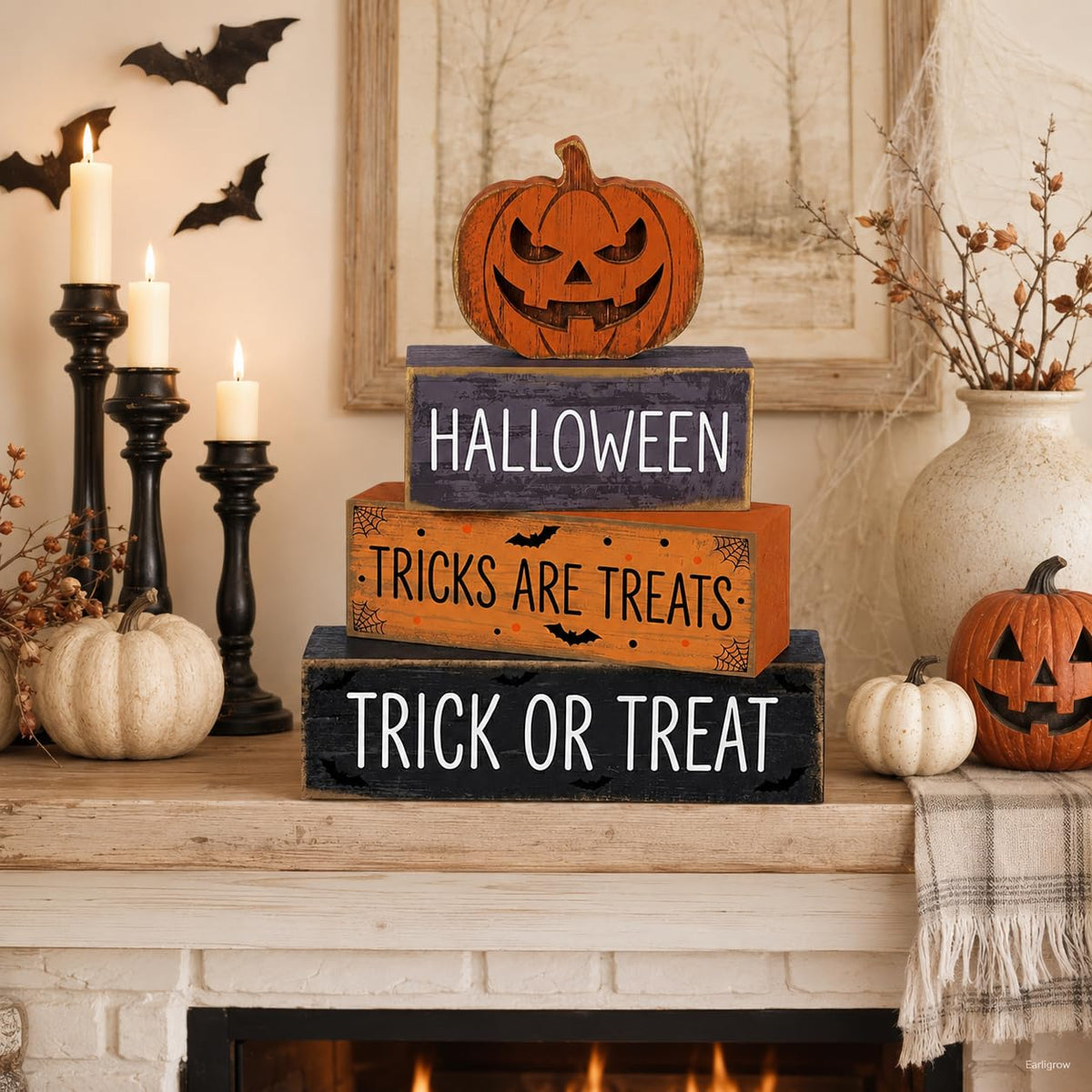 4 Pcs Halloween Decor, Trick or Treat Tiered Tray Decorations, Wooden Block Signs with Jack-O-Lantern, Tricks are Treats Farmhouse Rustic Table Centerpiece for Home Shelf Kitchen Coffee Bar