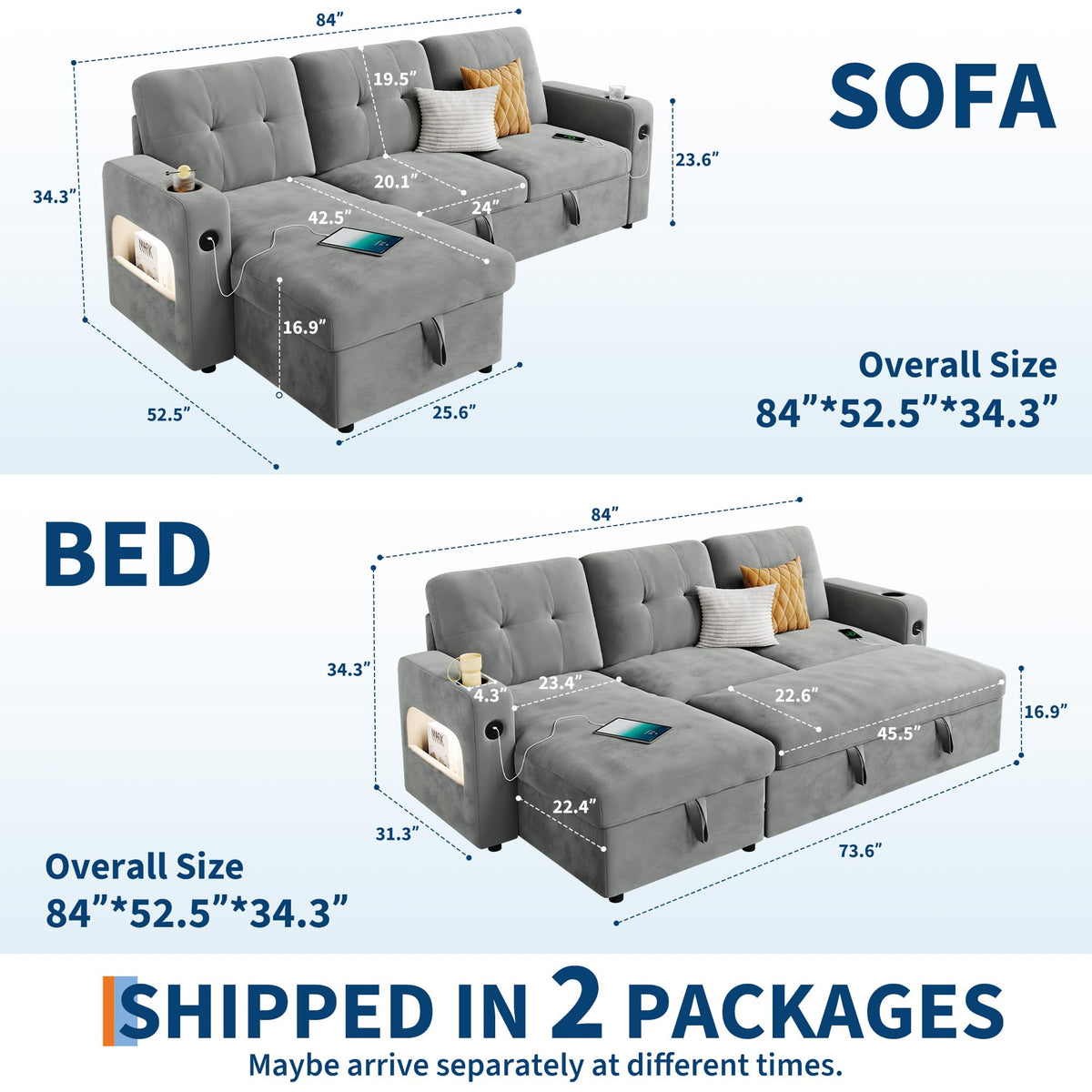 IDEALHOUSE 84" L Shaped Sleeper Sofa, Convertible Pull-Out Couch Bed with Storage & Charging Station, Sectional Sofa Bed with Cup Holder, Reversible Chaise for Living Room, Velvet, Light Gray