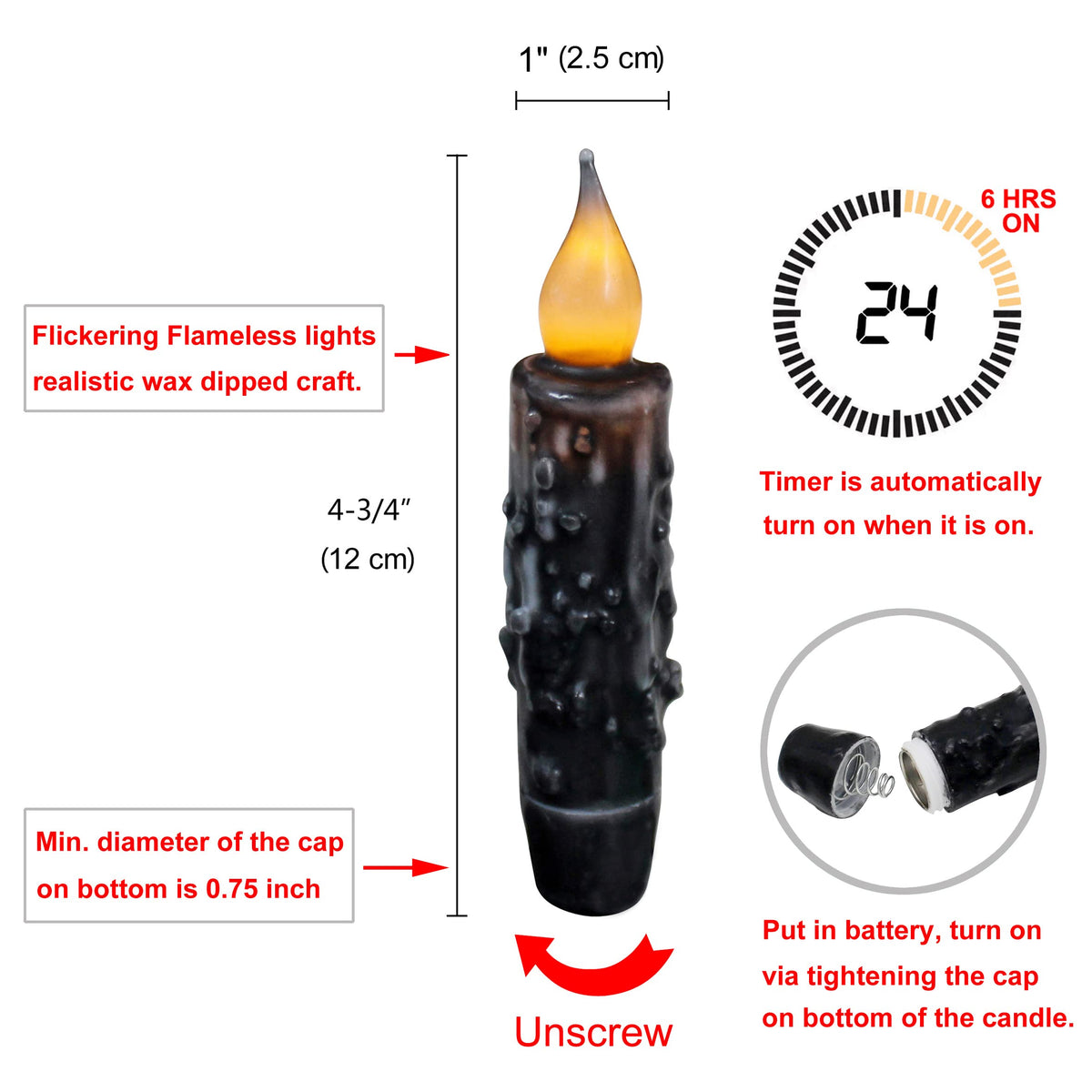 CVHOMEDECO. Real Wax Hand Dipped Battery Operated LED Timer Taper Candles Country Primitive Flameless Lights Décor, 4-3/4 Inch, Matt Black, 3 PCS in a Package