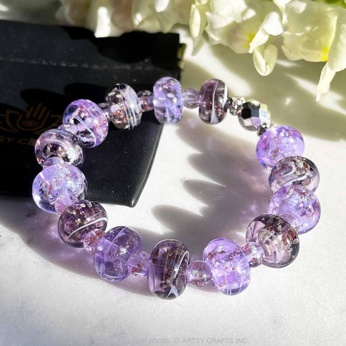 ARTSY Crafts Glow in The Dark Firefly Beads Bracelet, Handmade in USA, Colorful Donut Shaped Luminous Murano Glass Beads Jewelry Mermaid Crystals Inspirational Gift (Lavender + Violet)