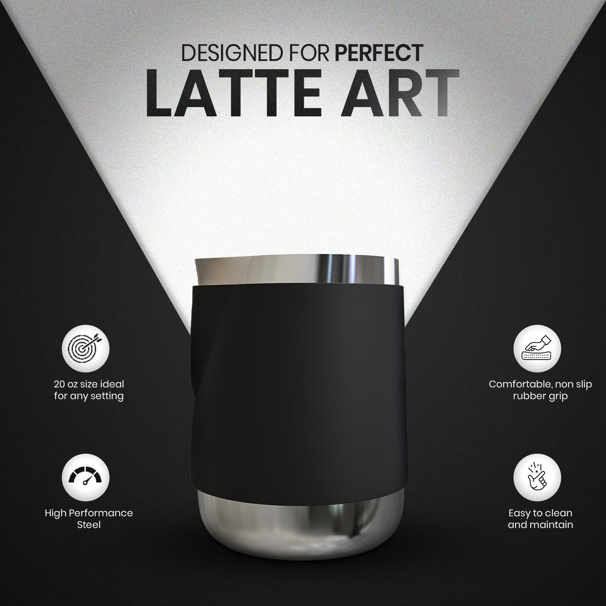 Rattleware 20 Oz Handle Free Latte Art Pitcher Stainless Steel with Rubber Grip Durable Heat Resistant Milk Frothing Pitcher for Baristas Home Cafes and Coffee Shops
