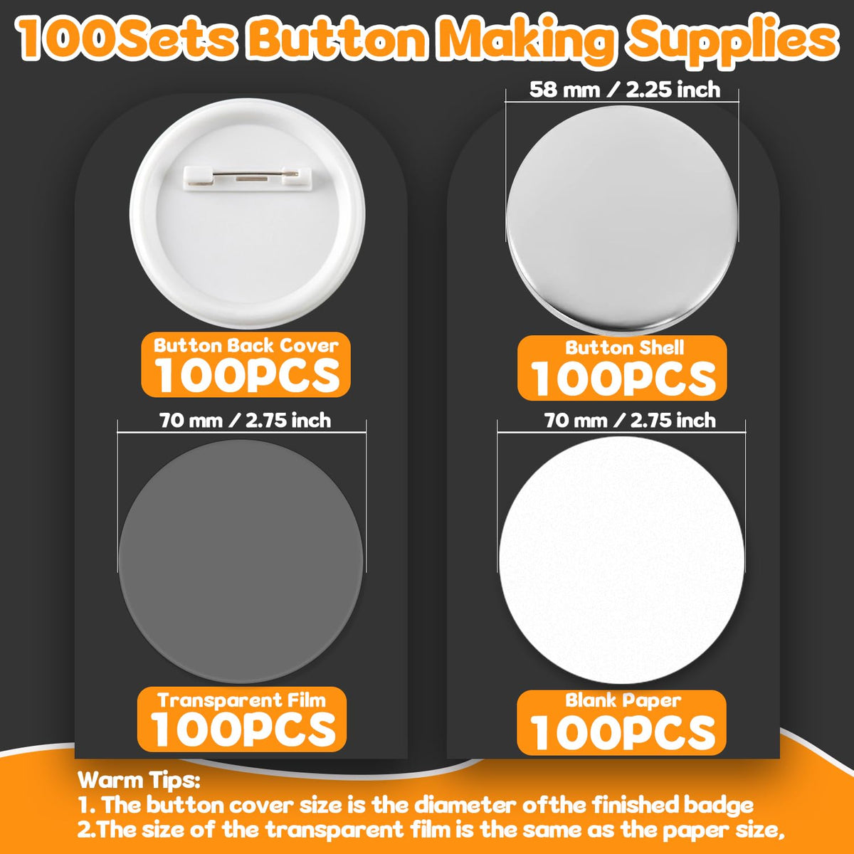 PPTTOODD 100 Sets 58mm / 2.25 in (Approx. 2-1/4 inch) Button Making Supplies for Your Round Button Maker Machine, Including Metal Covers, Plastic Back Covers, Clear Plastic Film & Blank Paper