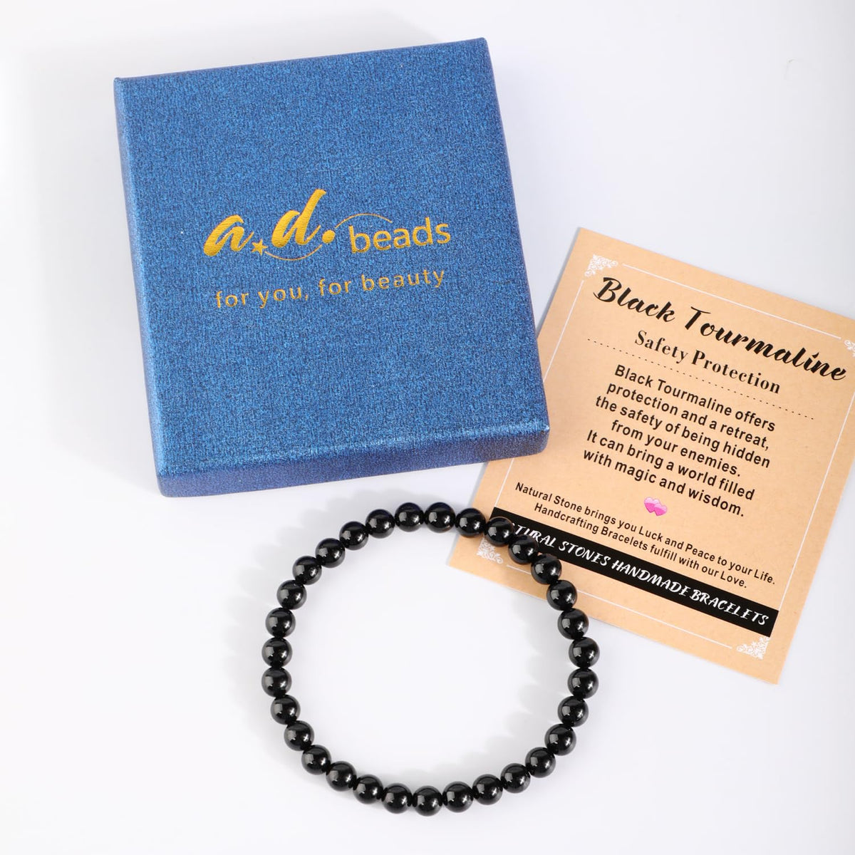 AD Beads 8mm Handmade Black Tourmaline Elastic Bracelet – Natural Gemstone for Safety Protection – Meditation, Yoga, Healing and Energy Gift for Men Women