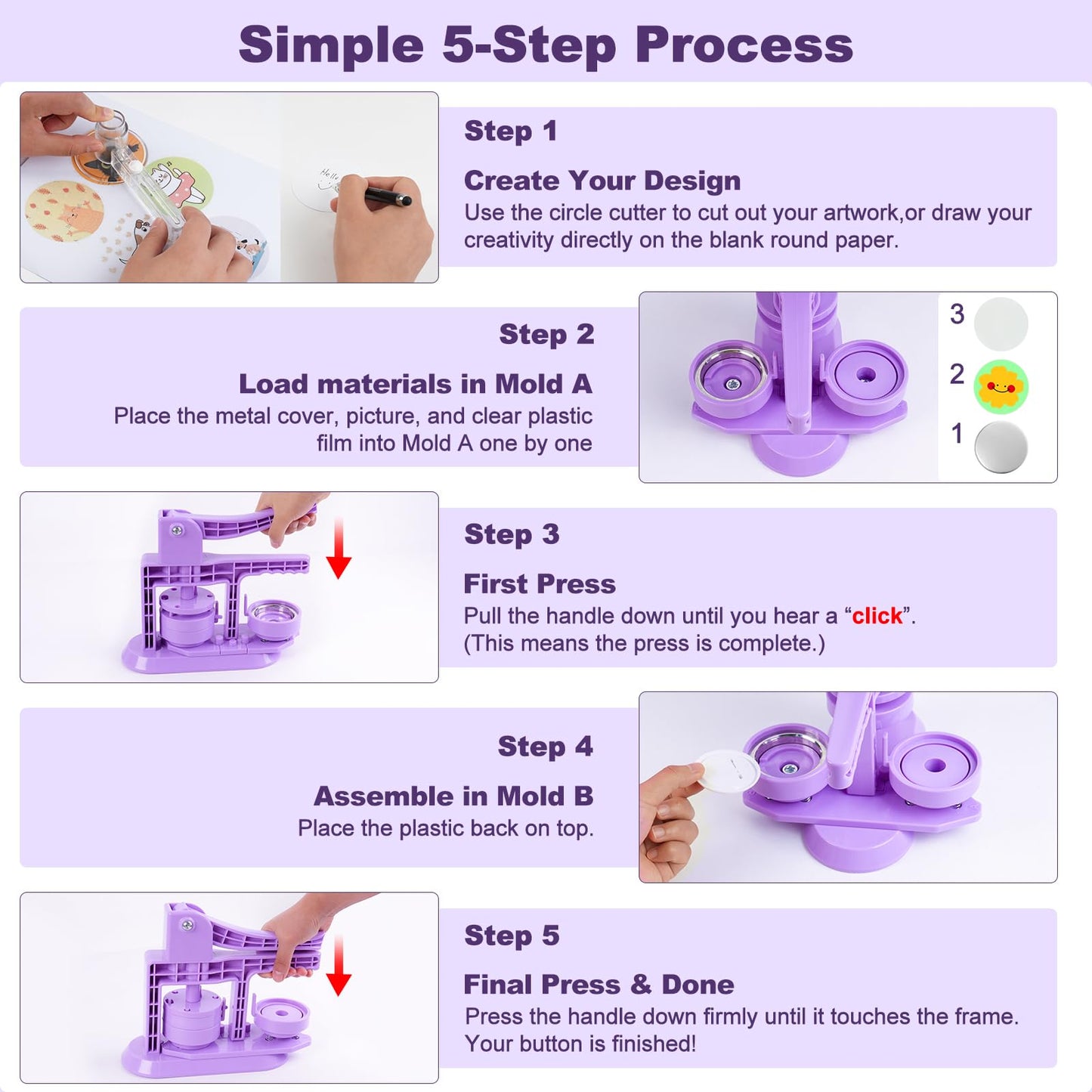 Happizza Button Maker Machine 58mm/2.25in, Pin Maker Machine Kit with 30 Buton Parts, DlY Badge Maker, Purple Button Press Machine, Perfect Beginner Experience Kit, Ideal for School, Parties, Events
