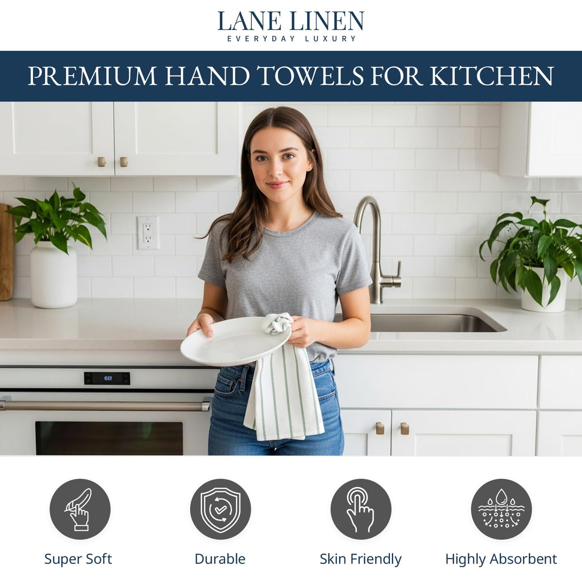 LANE LINEN Cotton Kitchen Towels Set, 6-Pack – Absorbent, Quick-Drying Dish Towels, 18" x 28", Premium Hand and Tea Towels - Olive