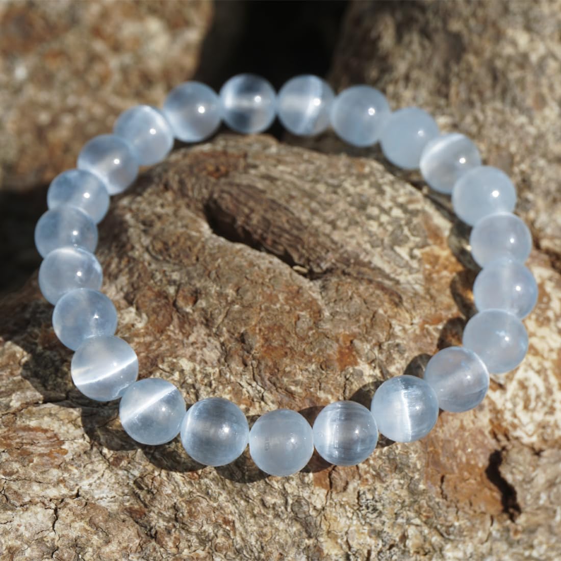 Natural Selenite Bracelet 8mm | Aqua Blue | Crown Chakra Crystal with Cat-eye Effect | Handmade Meditation Healing Bracelet for Women Men | Beading Tool Kit - Fits for 6.5-7.5 inch Wrist Size