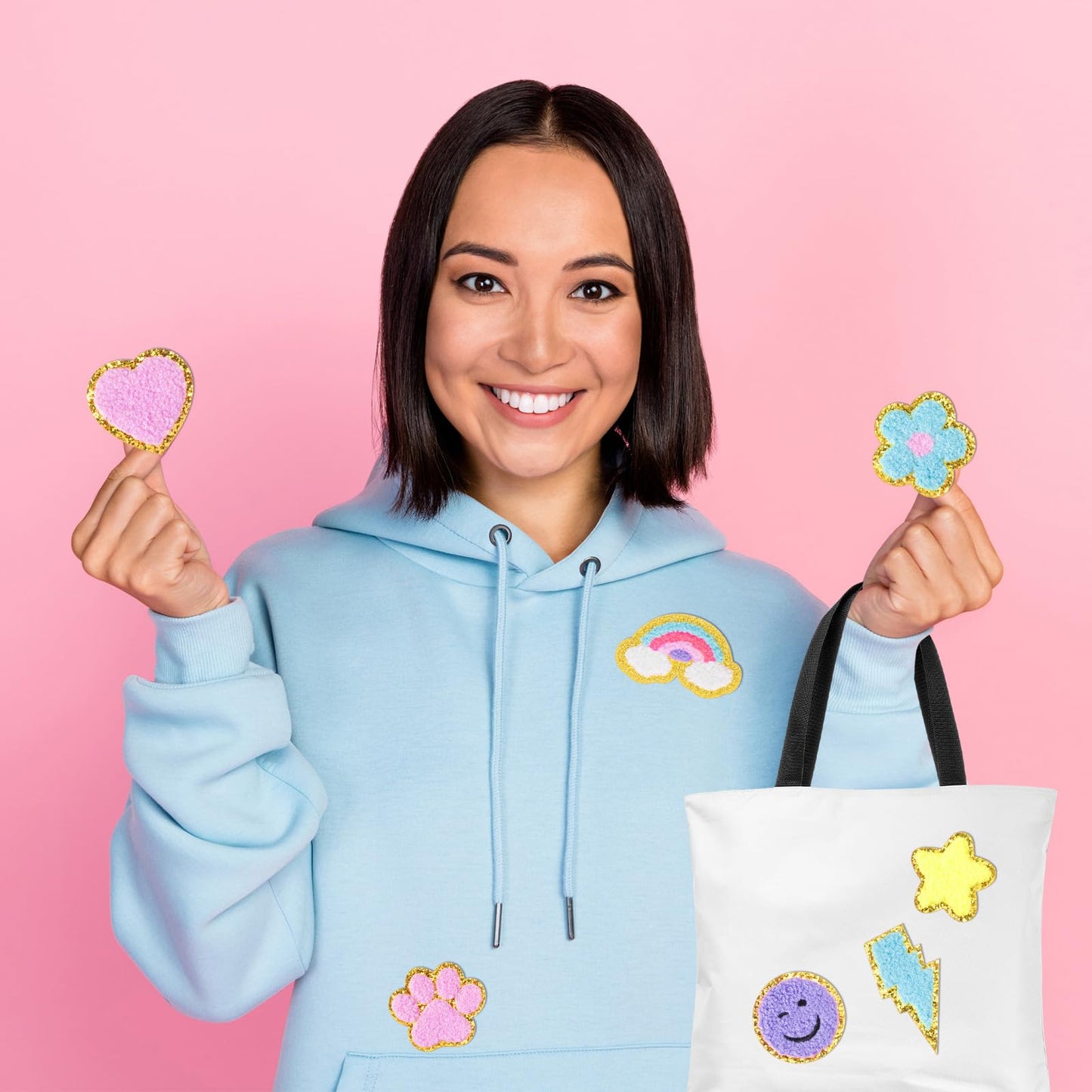 Hanaive 80 Pcs Chenille Letter Patches Self Adhesive Iron on Patch 3D Cute Embroidered Rainbow Smile Face Heart Applique Sewing Badges Patch for Fabric Clothing Jacket DIY(Macaron,Cute)