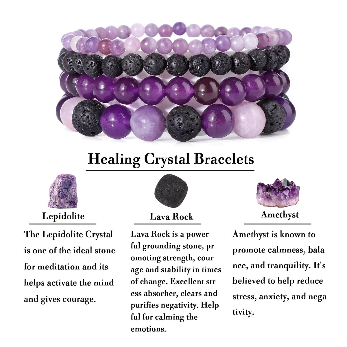 Vinswet 4pcs Natural Stone Beaded Bracelets for Women Men,Healing Crystal Gemstones Stretch purple Bracelet,4mm 6mm 8mm 10mm Amethyst Lava Rock Lepidolite Anxiety Stress Relief Bracelet Jewelry Gifts