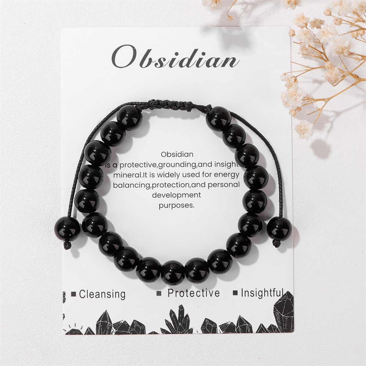 Lit Wall Black Obsidian Bracelet 8mm Adjustable Crystal Beaded Bracelet Natural Stone Bracelet Crystals and Healing Stones Bracelet for Women Men