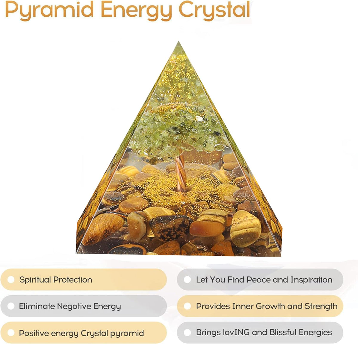 EternalOrgone Tree of Life Orgone Pyramid for Positive Energy, Orgonite Peridot&Tiger Eye Healing Crystal Pyramids for Reduce Stress Chakra Reiki Healing Meditation Attracts Lucky and Success