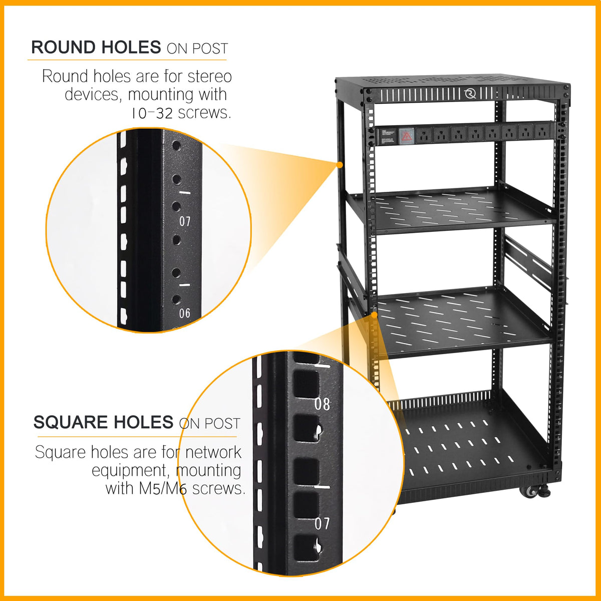 RIVECO 22U Network Rack with Reinforced Top & Bottom Vented Plates - 4 Rolling Wheels Floor Standing for 19" Equipment & Stereo Gear - Including 2PCS Shelves & Rail Mount PDU