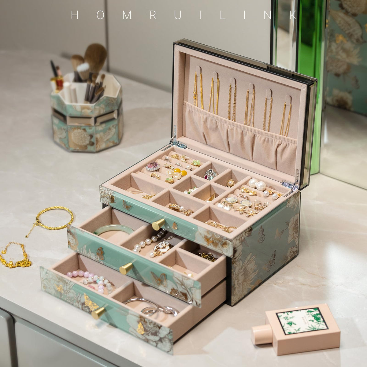 Homruilink High End Glass Jewelry Box, 3 Layer Jewelry Organizer, Velvet-Lined Case For Ring, Necklace, Earring, Bracelet Storage, Ideal Gift (Bird & Floral)
