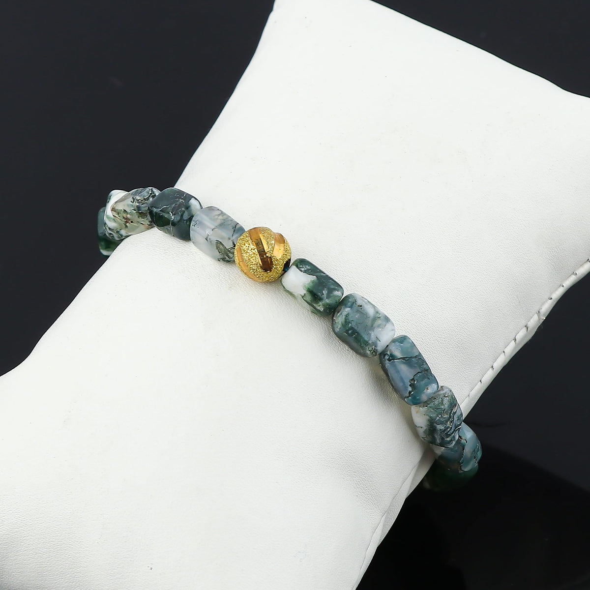CRYSTALIS Natural Moss Agate Beads Elastic Stretch Bracelet, Chakra Healing Jewelry for Men & Women, Adjustable Bracelet, Everyday Wear, Gift Giving Bracelet, Free Size