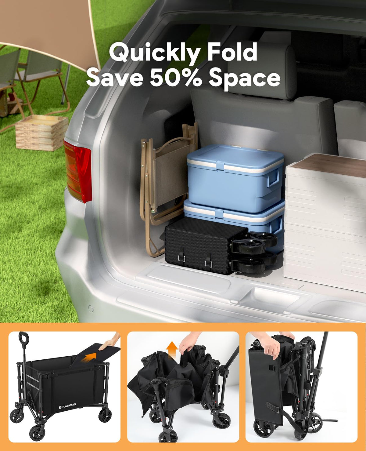 Raynesys 3 in 1 Collapsible Wagon Converts to Bench, 220lbs Foldable Wagon Cart with Wheels, 120L Shopping Cart for Groceries Folding Utility Wagon for Beach, Garden, Camping, Sport, Black
