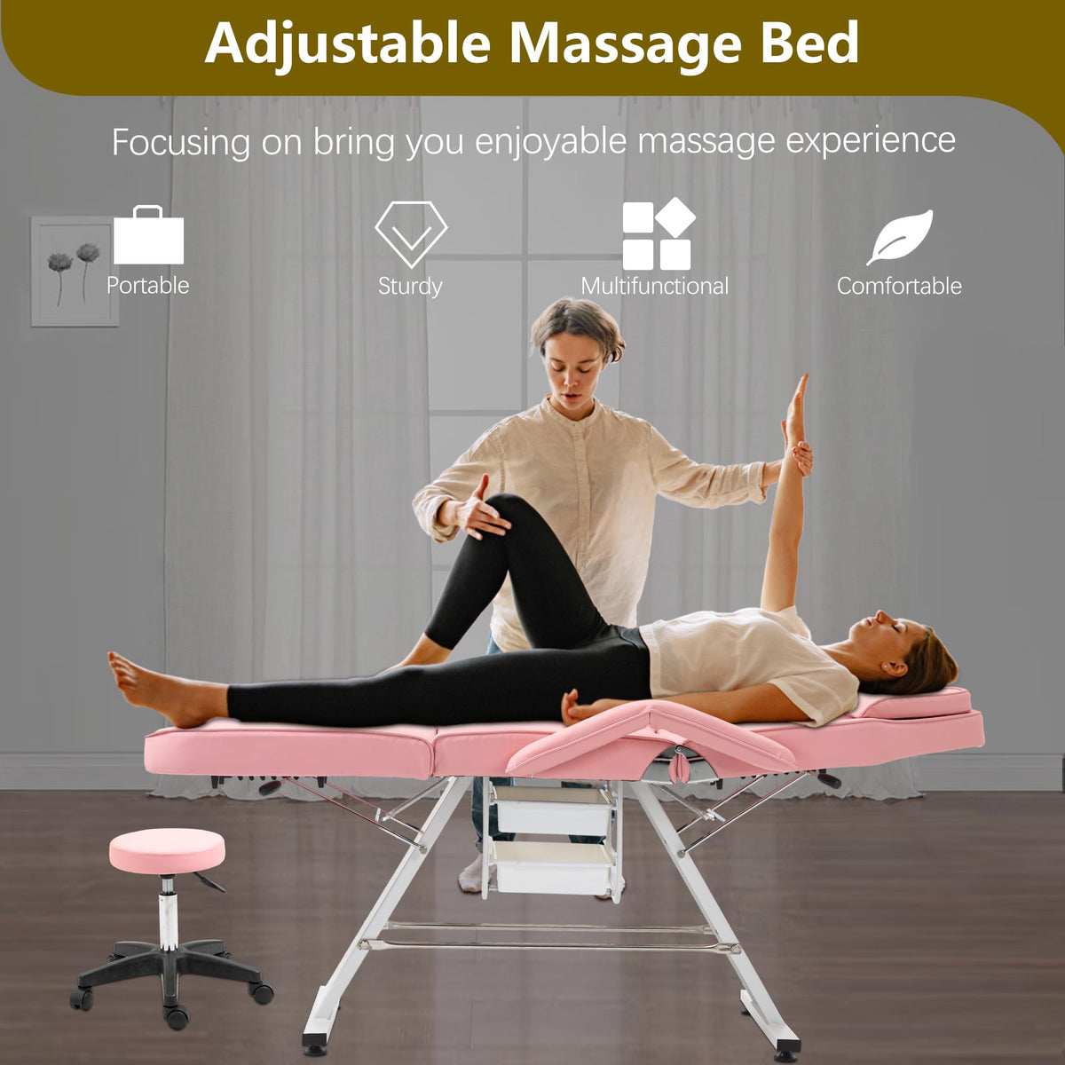 Massage Salon Tattoo Chair with Two Trays Esthetician Bed with Hydraulic Stool,Multi Purpose 3 Section Facial Bed Table, Adjustable Beauty Barber Spa Beauty Equipment, Pink
