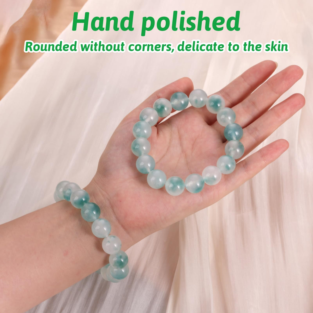 Handmade Natural Jade Beaded Bracelet for Women & Men – Genuine Green/White Jade Gemstone Stretch Bracelet – Lucky Energy Healing Jewelry Gift for Peace, Prosperity & Protection GW