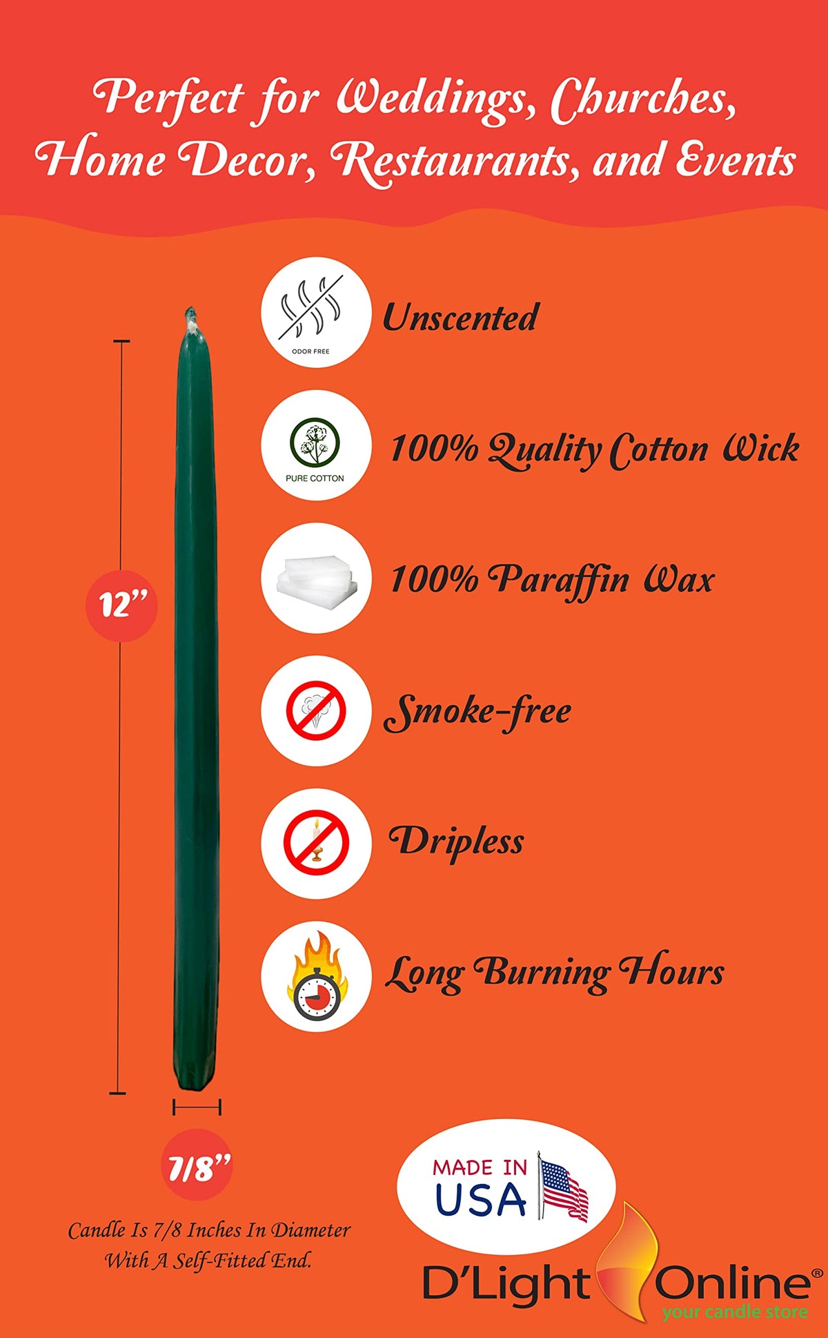 D'light Online Elegant 12" Unscented Hunter Green Taper Candles Premium Quality Candles Hand-Dipped Tapered Candles, Dripless and Smokeless - Set of 12 Individually Wrapped (12 Inch, Dark Green)