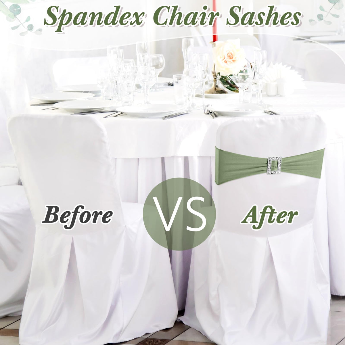 CHENGU 50 Pcs Spandex Chair Sashes with Square Buckle Slider Stretch Dining Chair Slipcovers Band Universal Elastic Ties Bows for Wedding Banquet Event Party Decoration(Sage Green)