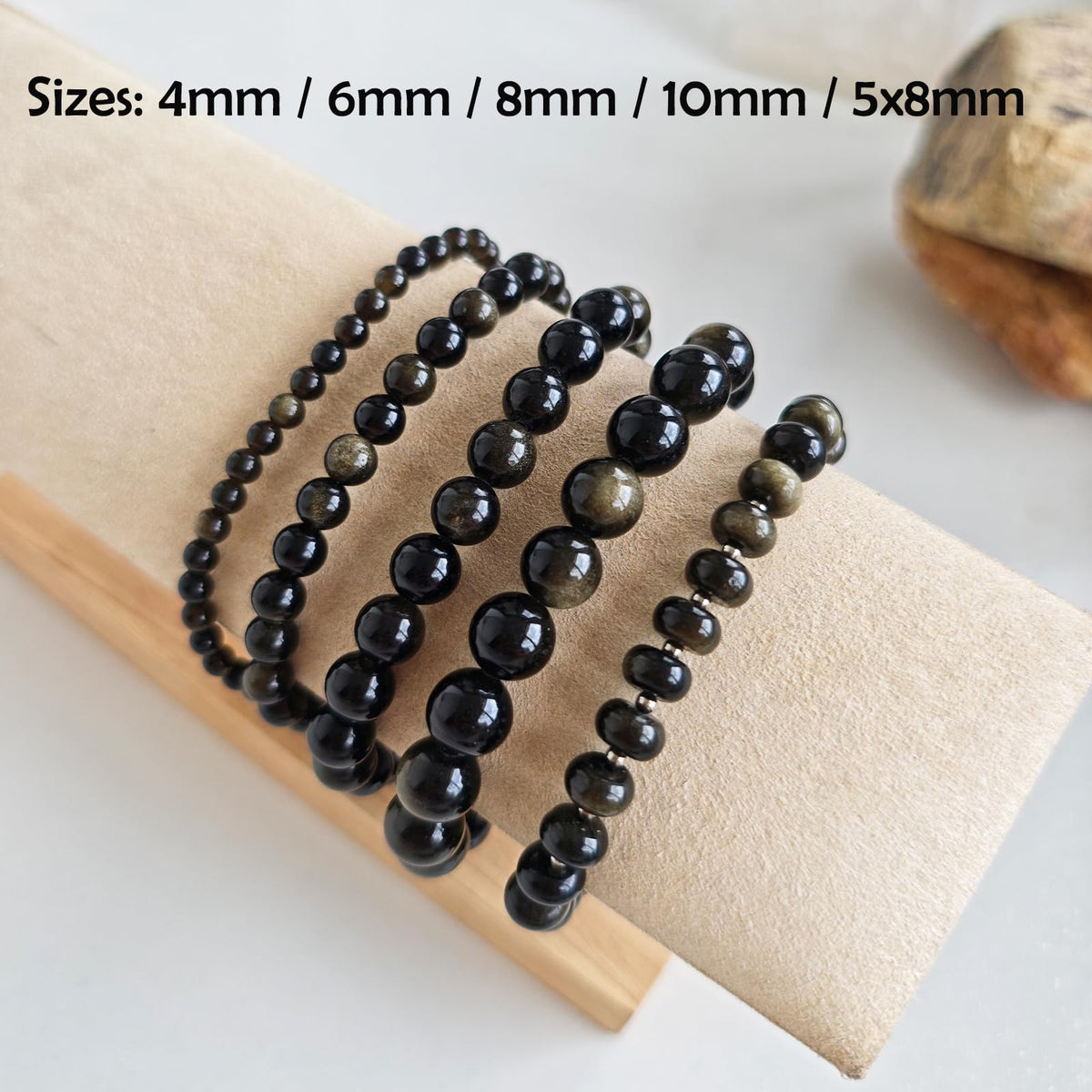 CHCCOYE 4mm Natural Healing Gemstone Bracelet Handmade Yoga Stretch Elastic Bracelet Stress Relief Crystal Jewelry for Men and Women (4mm, Golden Obsidian)