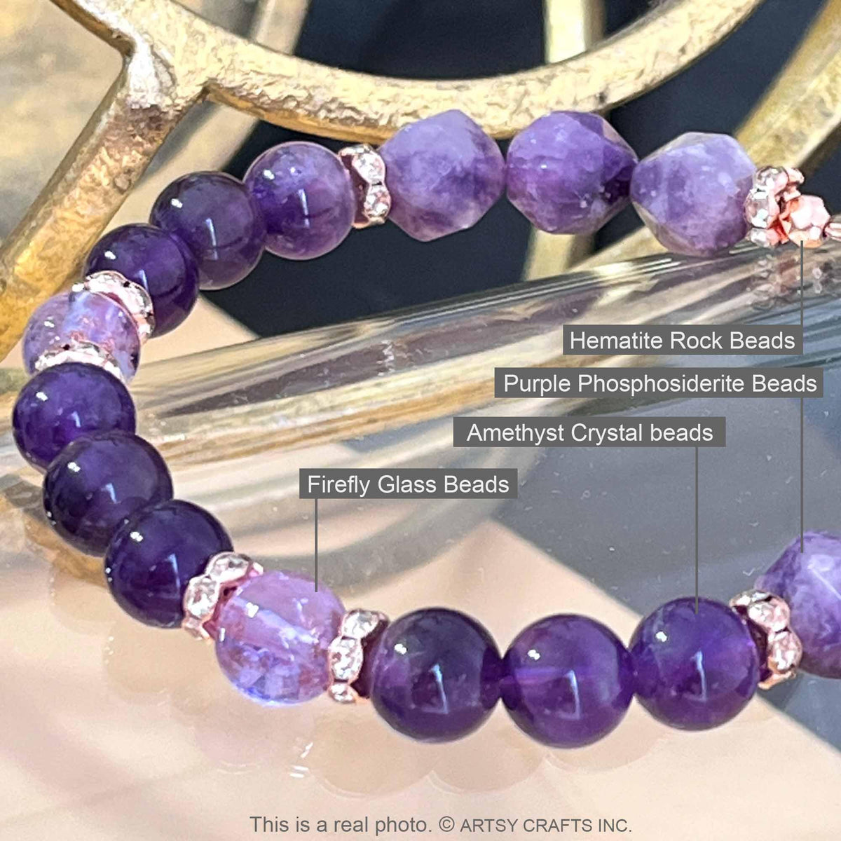 ARTSY Crafts Amethyst + Glow in The Dark Firefly Beads Bracelet, Handmade in USA, Luminous Murano Glass Beads Jewelry Mermaid Crystals (Amethyst - Slider)