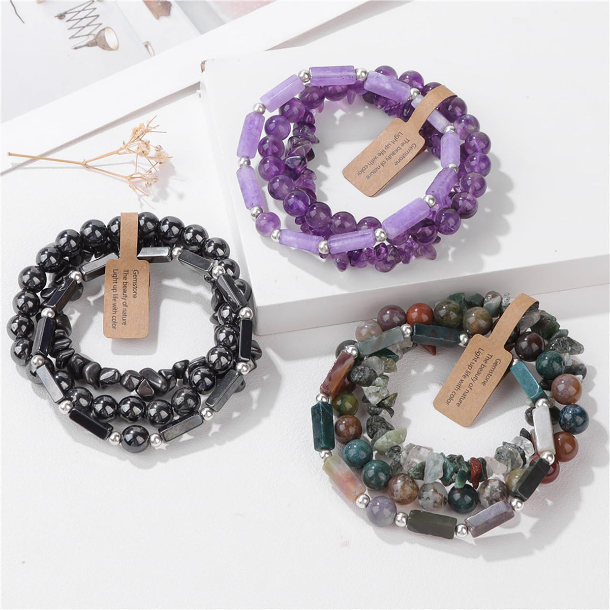 3PCs Amethyst Bracelet for Women 8mm Crystal Beaded Bracelet Purple Bead Bracelet Stretch Bracelet Amethyst Jewelry Gifts for Women