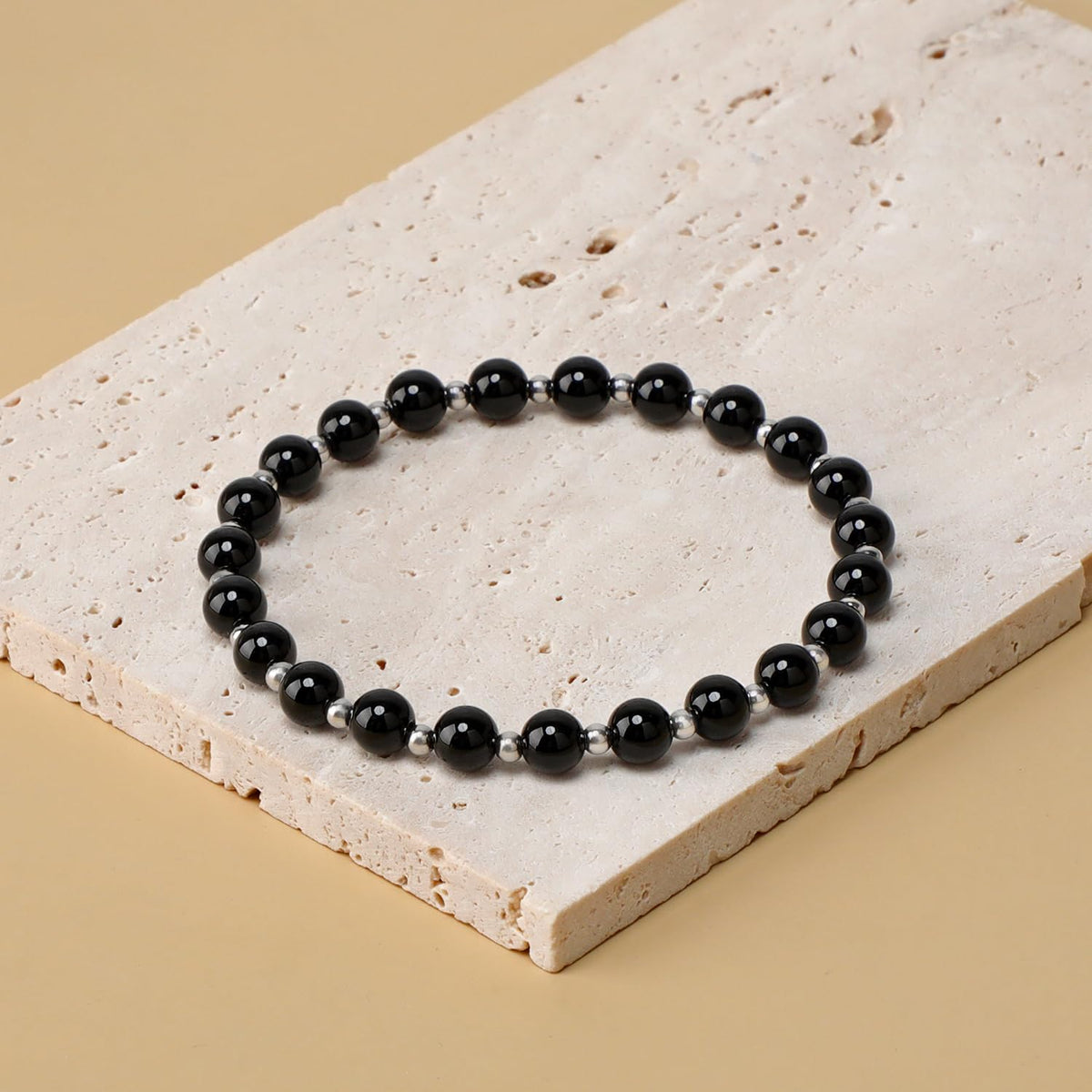 QOGIR Black Onyx - Protecting and Grounding - Stainless Silver Beads Natural Gemstone Stretch Elastic Dainty Healing Beaded Bracelets Gifts 6mm