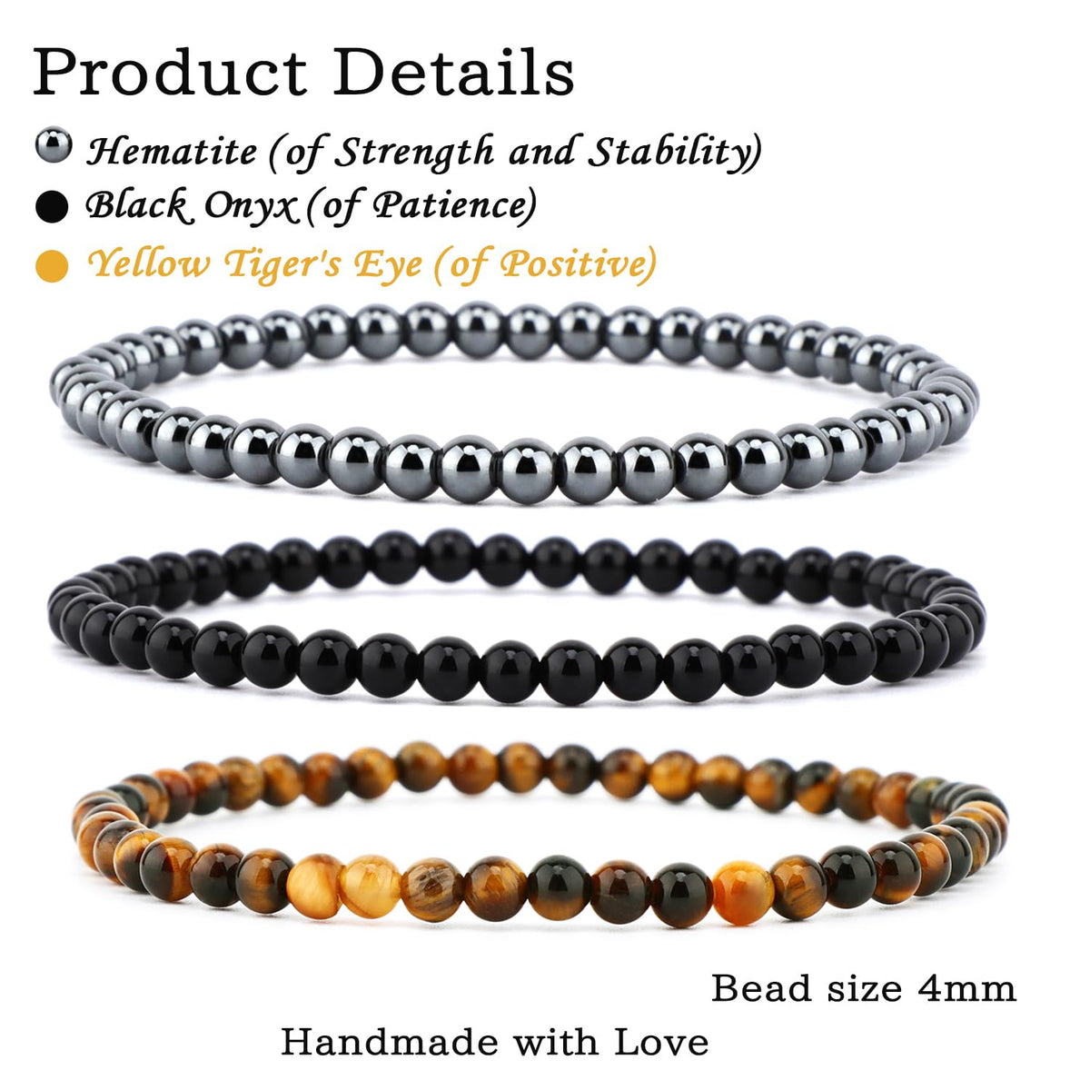 NCB 3-Piece 4mm Natural Crystal Gemstone Stretch Bracelets – ﻿Black Onyx, Hematite, Yellow Tiger's Eye Handmade Reiki Energy Healing Jewelry for Meditation,Yoga, Unisex