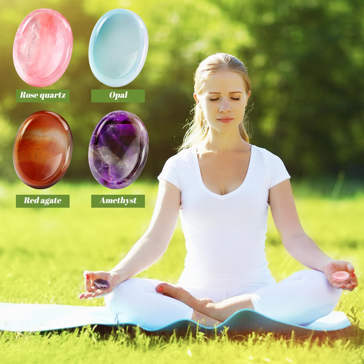 Roowest 4 Pcs Thumb Worry Stone for Anxiety Natural Crystal Healing Stone Chakras Amethyst Tiger Eye Quartz Pocket Hug Gift for Office Stress Meditation(Warmglow,Oval)