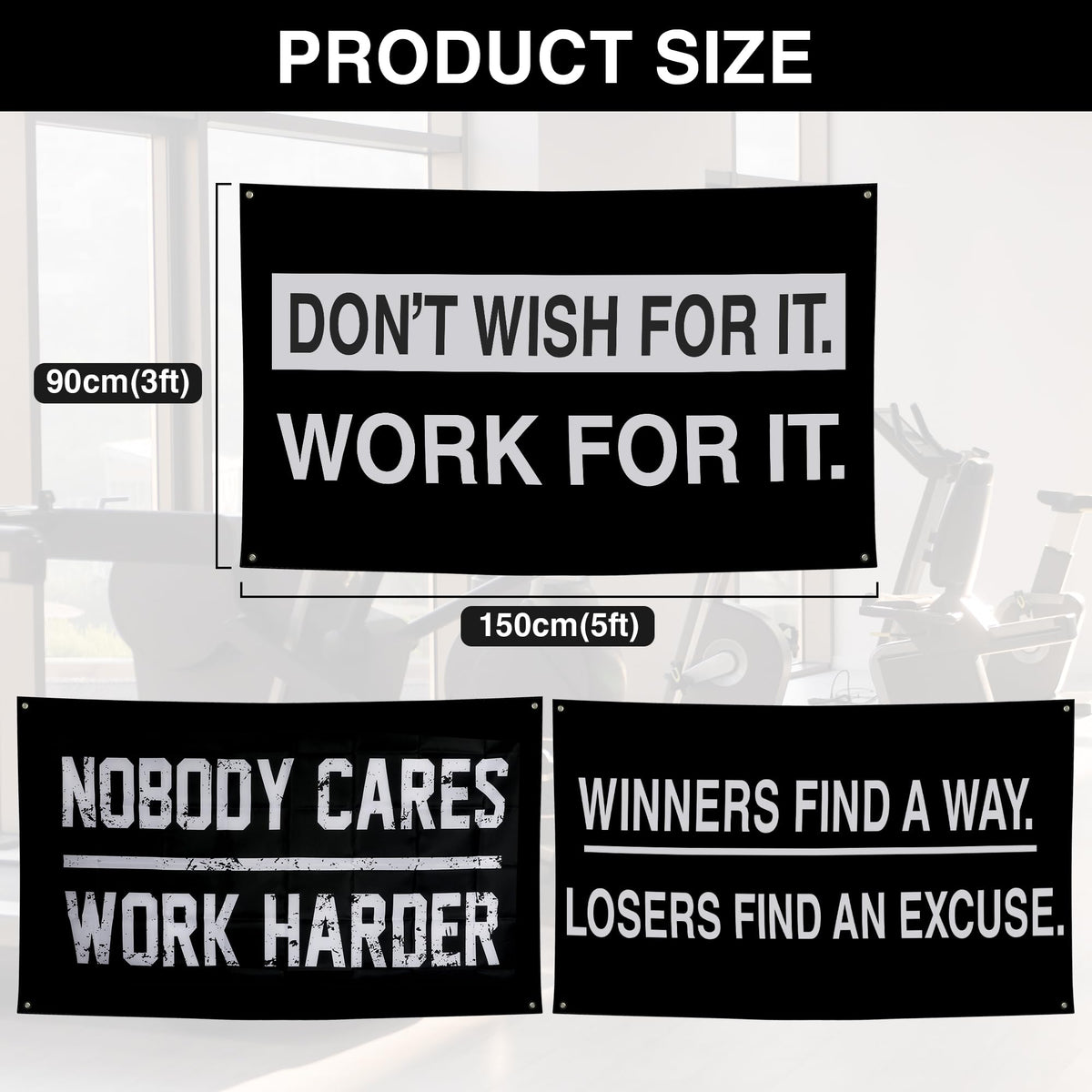 Nobody Cares Work Harder Motivational Banners Kit Three Different Incentive Flags for Gym Office Garage Decor Indoor/Outdoor Poster Style Banner with 4 Grommets - Heavy-Duty 13oz Vinyl(3 x 5 FT)