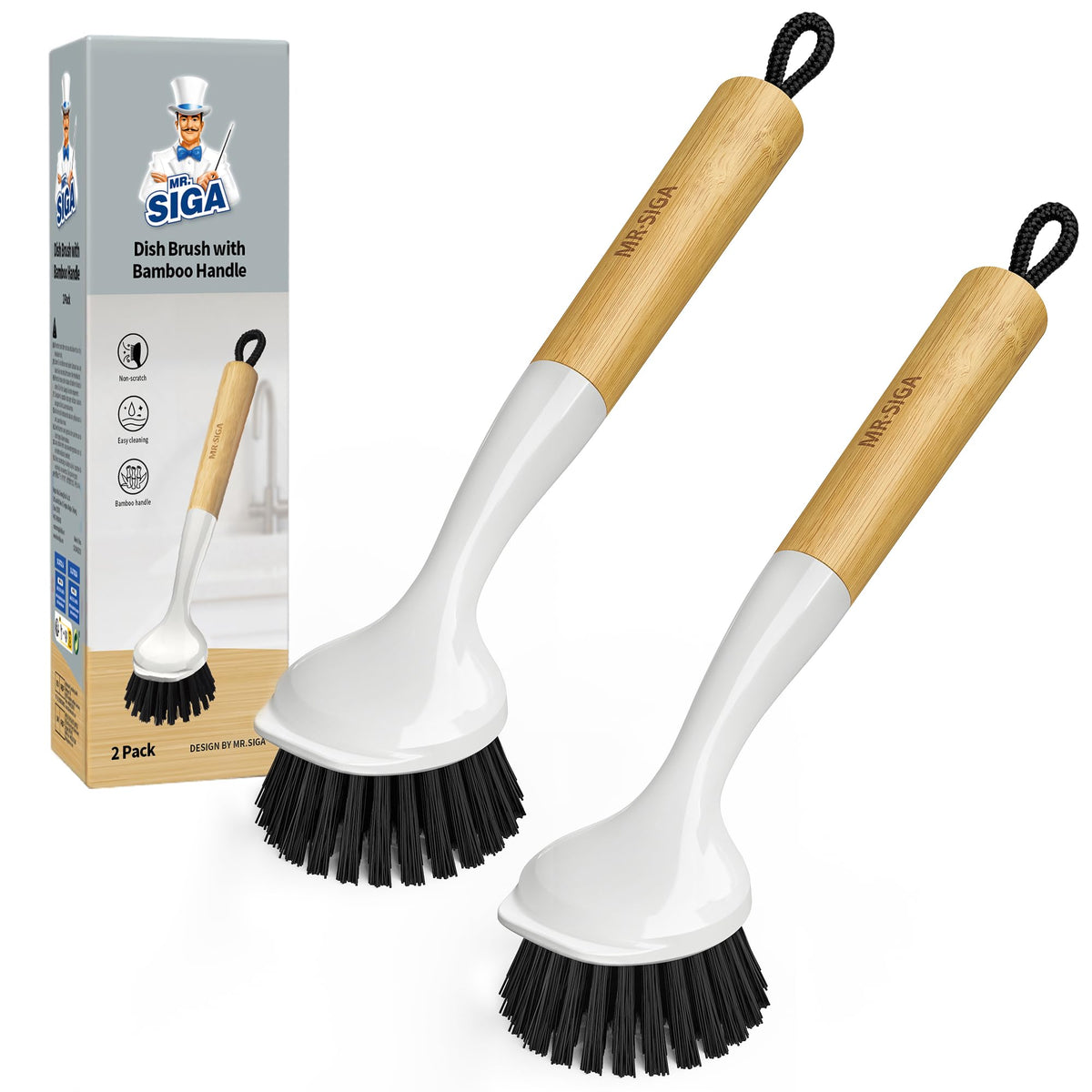 MR.SIGA Dish Brush with Handle, Dish Scrub Brush with Built-in Scraper, Bamboo Dish Brush for Pots and Pans, Kitchen Sink, 2 Pack