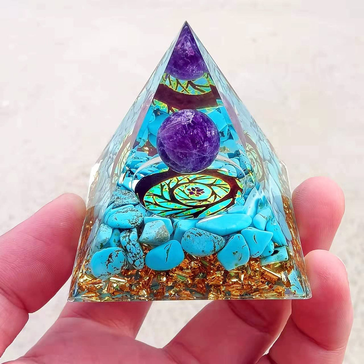 ycyingcheng Moonstone Crystal Orgone Pyramid Ogan Crystal Energy Tower, Nature Reiki Chakra Crushed Stone Jewelry, Crystal Pyramid for Home Decor (Turquoise+Amethyst Ball)